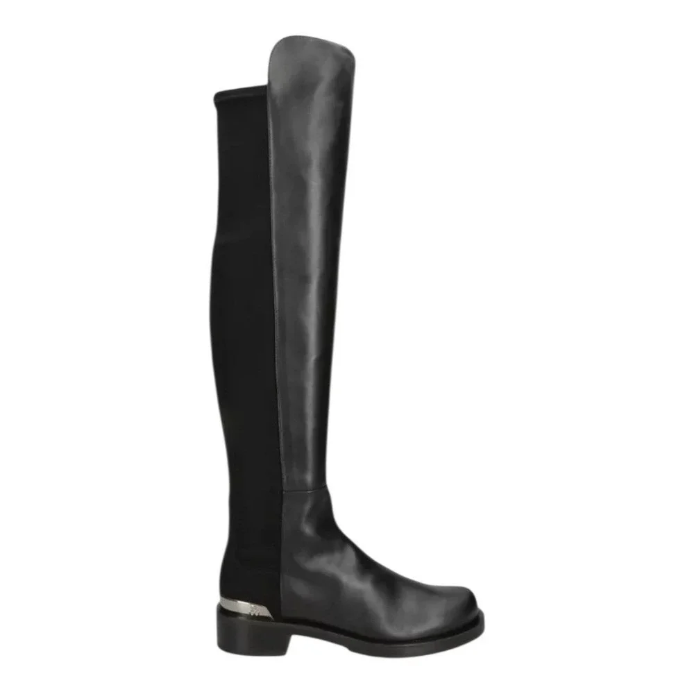 Stuart‎ Weitzman 5050 Bold Logo Over Knee Boots Leather Block Heel Black Womens